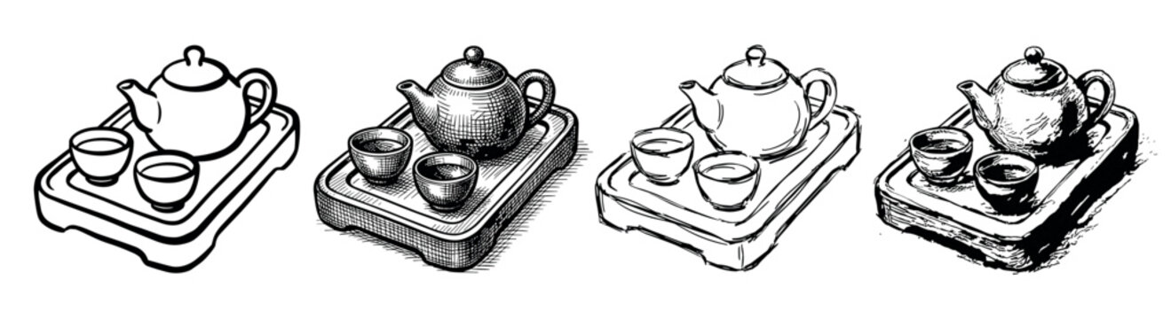 Hand-drawn Asian tea set illustrations with teapot and cups on a tray, a collection of four different black and white sketch styles from simple line art to detailed hatching