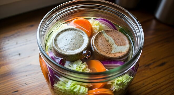 Fermenting Fresh Vegetables in a Glass Jar with Ceramic Weights