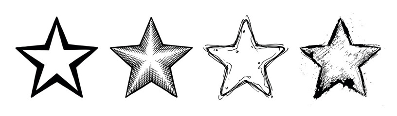 Set of four hand-drawn stars shows different artistic styles including a simple outline, cross-hatching, a sketchy doodle, and a rough grunge texture in a black ink illustration