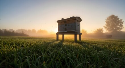 Beehive in Meadow at Sunrise with Flying Bees
