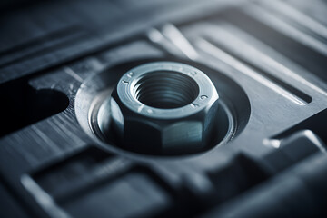 Detailed macro shot of a metal nut secured in a textured surface, illustrating engineering, hardware, and construction.
