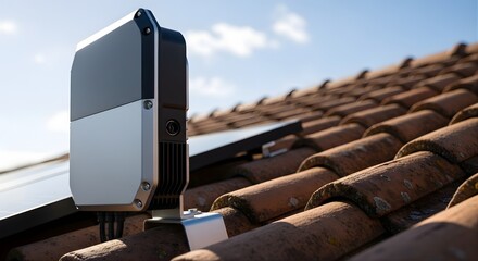 Modern Solar Microinverter Mounted on a Tiled Roof with Solar Panels
