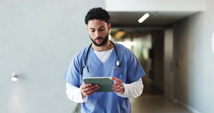 Nurse, tablet and thinking with man in hospital for treatment plan, patient history or medical vision. Healthcare idea, online result and checkup records with person scroll for doctor referral