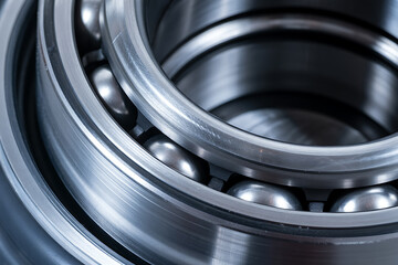 Close-up macro photograph of a ball bearing, showcasing intricate metallic details and smooth rolling motion for industrial applications and engineering concepts.