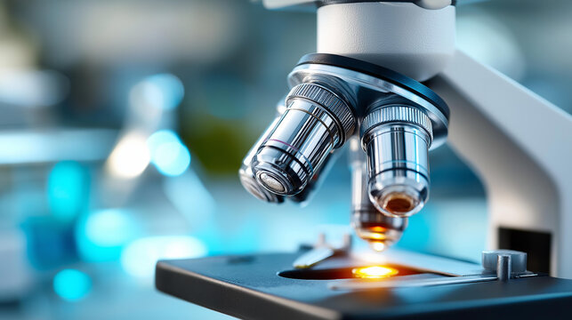 Scientific microscope for using in science laboratory, biology research scientist, medicine technology term, equipment for experiment education, chemistry microbiology medical, defocused