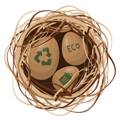 twig nest with three sustainable Easter eggs on transparent background. Perfect for eco holiday graphics, invitations, and green designs. Eco easter. corporate sustainability. Vector illustration