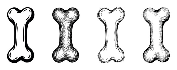 Set of four hand-drawn bones in different sketch styles, including cross-hatching and bold outlines, showcasing a collection of monochrome anatomical or dog treat illustrations