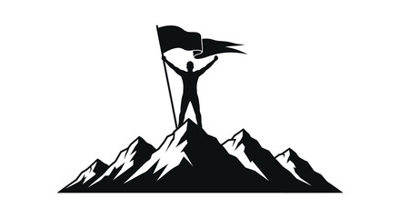A triumphant figure stands atop a mountain peak raising a waving flag in a bold dramatic silhouette high quality professional © Bsicon02