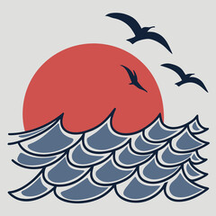 Fototapeta premium Minimal Ocean Waves With Red Sun Illustration