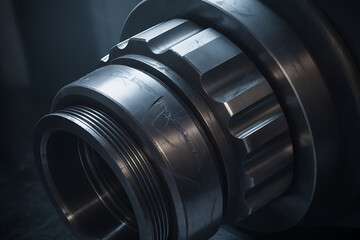 Detailed metallic coupling with intricate threading and heavy-duty serrations, showcasing robust engineering and mechanical connections in a close-up, industrial setting.