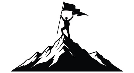 A victorious figure stands atop a mountain peak raising a flag in triumph a striking black silhouette high quality professional © Bsicon02