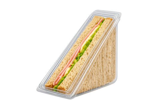 Ham and cheese sandwich in transparent plastic packaging