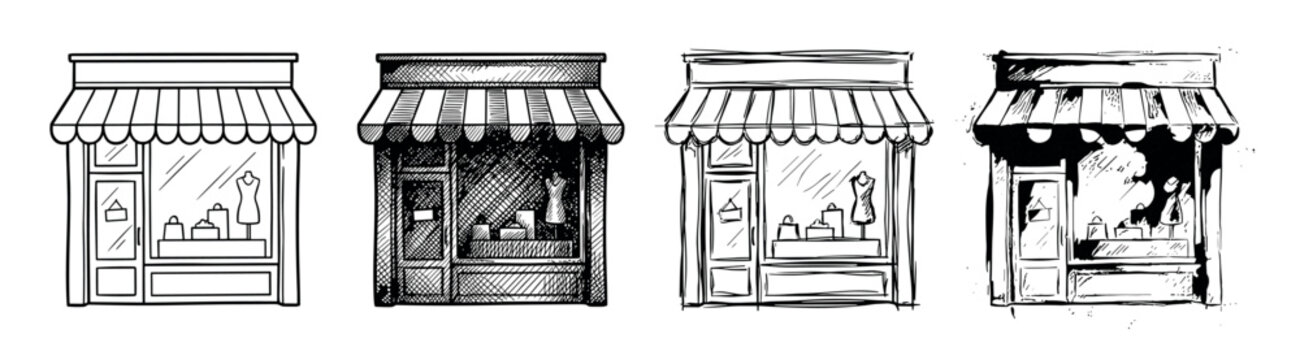Four hand-drawn boutique storefront illustrations in a collection of different graphic styles, from clean outline and crosshatch shading to a rough, sketchy ink drawing