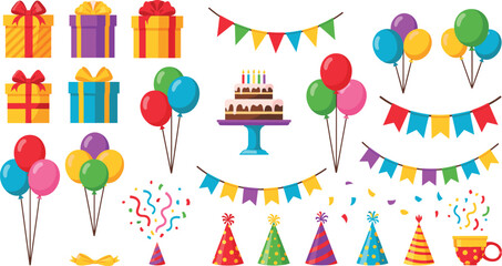 Birthday party elements set with gifts, balloons, cake and bunting isolated on white background, festive celebration vector illustration © Shabita