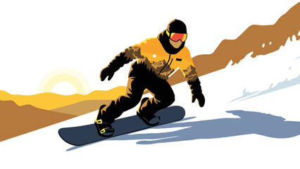 Snowboarder descends mountain at sunrise in dynamic flat style winter sports scene