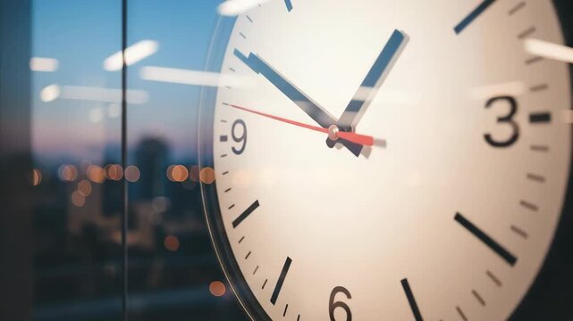 Clock face on glass window overlooking city lights at dusk.