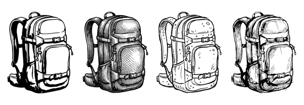 Four hand-drawn hiking backpacks in various sketch styles show a collection of detailed travel rucksacks with straps and pockets for outdoor adventure and trekking concepts