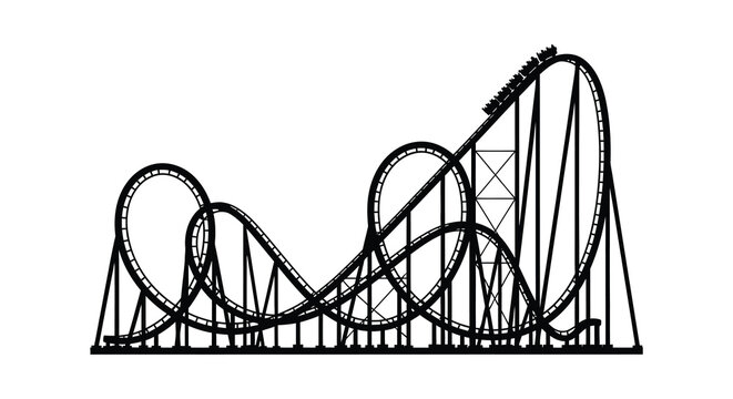 A detailed black and white illustration depicts a thrilling roller coaster structure against a plain background showcasing a dramatic silhouette