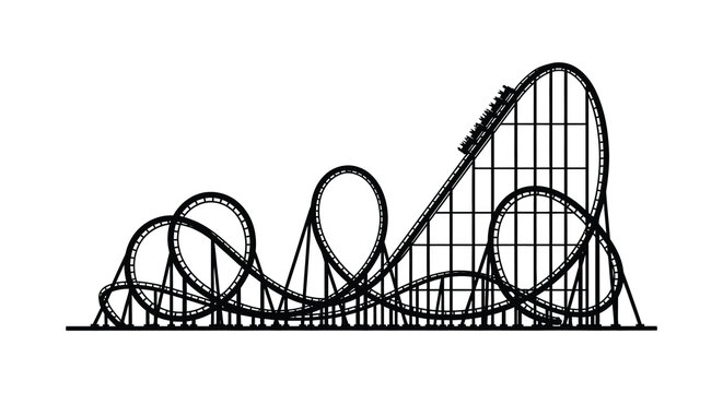 A detailed black outline depicts a thrilling roller coaster with looping tracks and steep drops presented as a silhouette