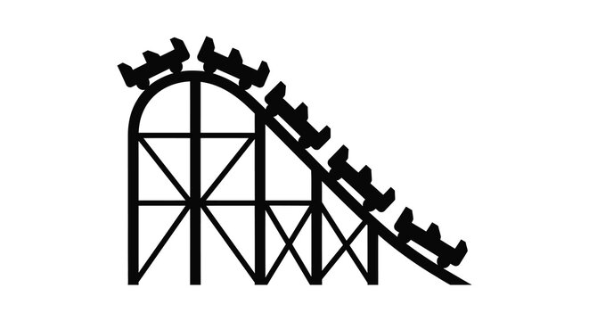 A stark black outline depicts a thrilling rollercoaster structure with ascending and descending tracks presented as a silhouette high quality