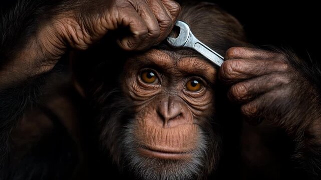 Monkey holding a wrench while looking curiously in a dark setting during a playful moment in a wildlife area