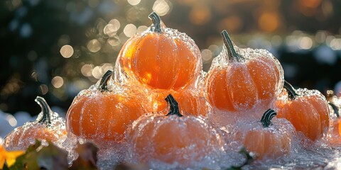 A pile of frosted pumpkins with a blurred background, illuminated by sunlight, with a bokeh effect.