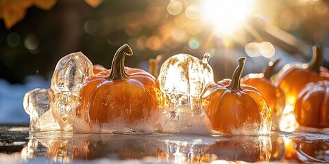 Three frosted pumpkins with ice cubes, illuminated by sunlight, set against a blurred background of trees and foliage.