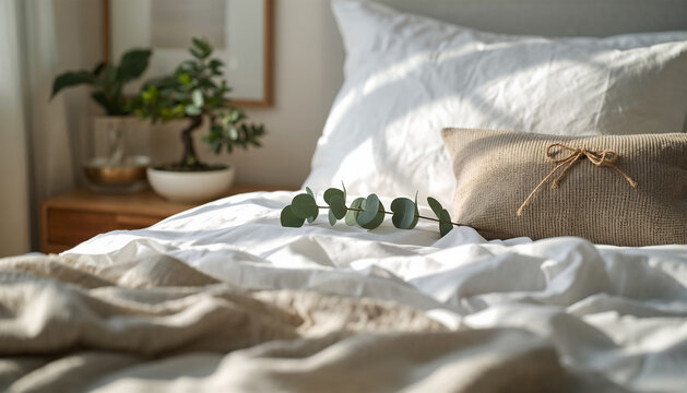 常緑の盆栽とユーカリで切り替えるナチュラル志向の寝室スタイル（人物なし）