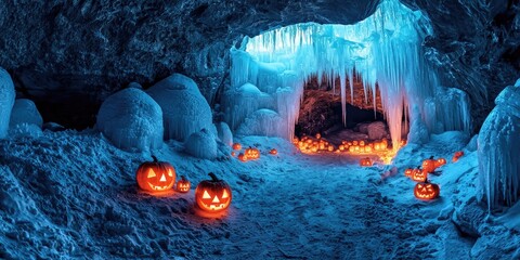 A cave with ice formations, glowing jack-o'-lanterns, and a blue glow, with a blue sky and a cave entrance in the background.