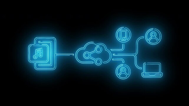Neon-lit illustration of a cloud computing network with connected devices on a black background.