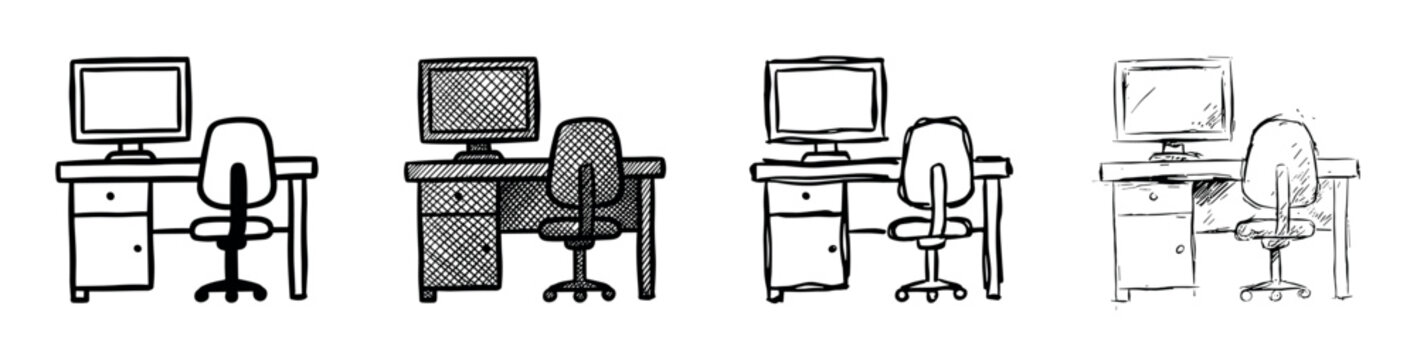 Hand-drawn office desk and chair illustrations set with computer monitors in various doodle and sketch styles, showcasing different line art and cross-hatching techniques
