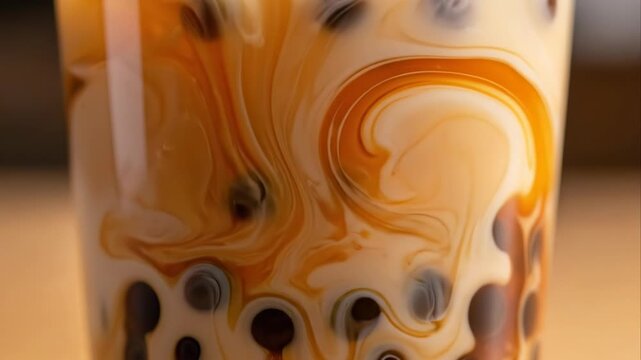 Milk and caramel swirling into refreshing bubble tea with tapioca pearls.