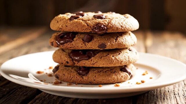 Stack of chocolate chip cookies on a white plate on a wooden table
