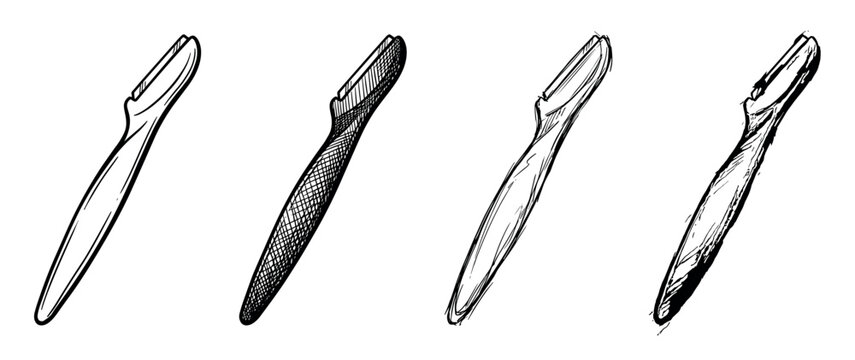 Set of four hand-drawn eyebrow razors in different sketch styles, showcasing a beauty tool for dermaplaning and facial hair removal with detailed line art and cross-hatching