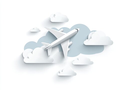 A stylized white paper airplane flies amidst fluffy paper clouds. Shadows add depth