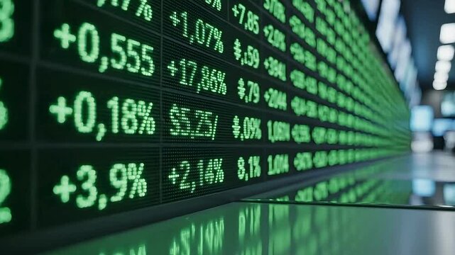 Green Stock Market Numbers Displayed on Electronic Board in Financial District