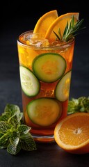 Fototapeta premium Refreshing iced drink with orange slices, cucumber, rosemary, and mint leaves, dark backdrop