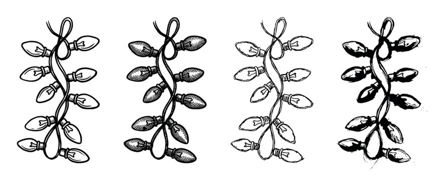 Set of four hand-drawn Christmas light garlands in various artistic styles, including line art, cross-hatching, sketchy doodle, and bold ink for festive holiday decoration