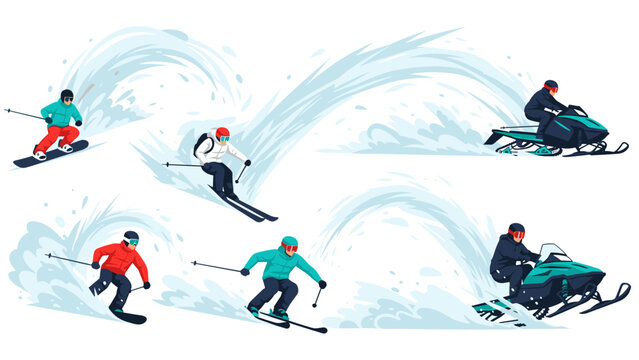 Winter sports adventure: skiing and snowmobiling action scene in flat design