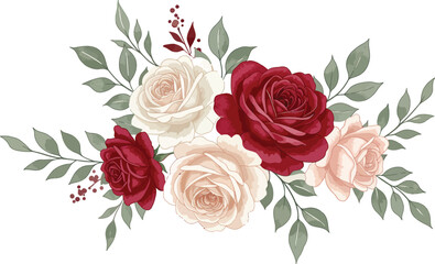 Fototapeta premium Watercolor floral bouquet with red and peach roses and green leaves arrangement