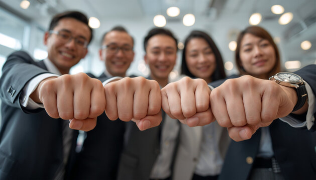 日本人の同僚たちがオフィスで拳を合わせて団結を示す瞬間