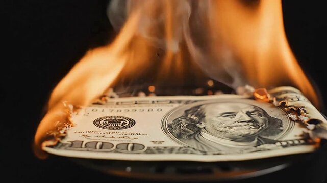 Burning US Dollar Bill on Dark Background