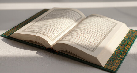 Obraz premium An open holy book with pages filled with sacred text, illuminated by soft light, suggesting devotion and spiritual wisdom