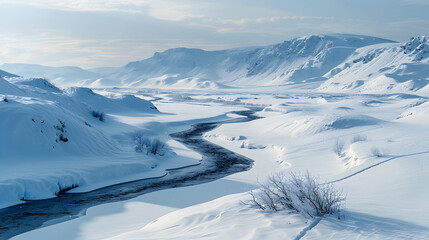 Winding river through snowy winter valley