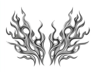 Symmetrical grayscale artwork of two ornate, flame-like shapes, with multiple points