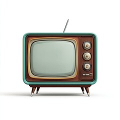 A vintage television set with teal and brown accents on a white background