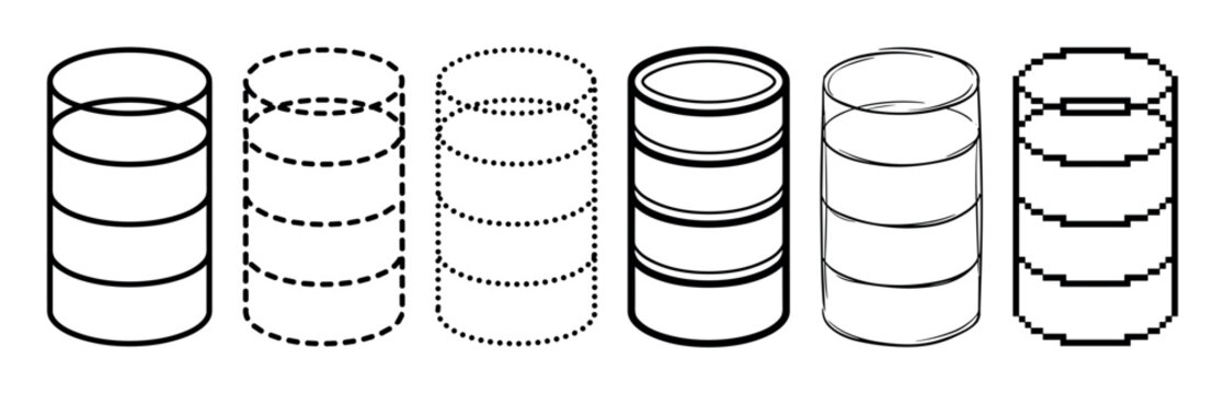 Black and white cylinder icon set showing various artistic styles including solid, dashed, dotted, sketchy, 3D, and pixelated line art for graphic design elements