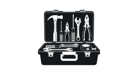An open black toolbox displays various hand tools including wrenches screwdrivers and a hammer in a striking silhouette high quality © Bsicon02
