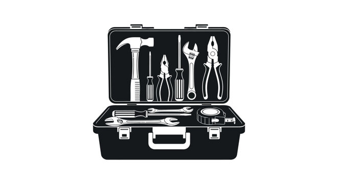 An open black toolbox displays various hand tools including wrenches screwdrivers and a hammer in a striking silhouette high quality