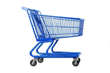 A side view of an empty blue metal shopping cart, set against a bright white background